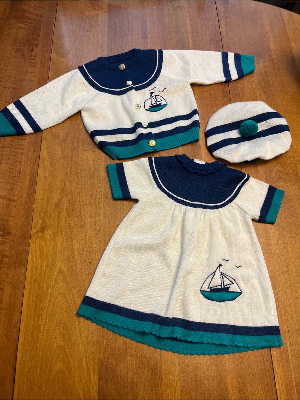 Carriage Boutique Navy, White, & Teal Sailboat Knit Dress Set